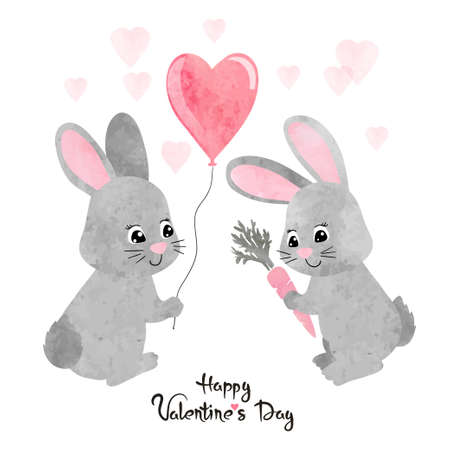 Watercolor cute bunnies in love. Valentine's day card design.のイラスト素材