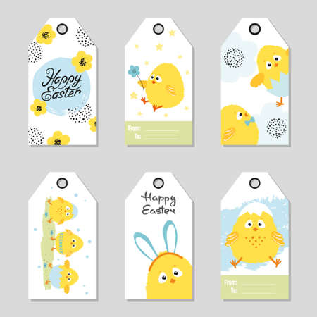 Easter gift tags with cute chickens. Vector holiday set.のイラスト素材