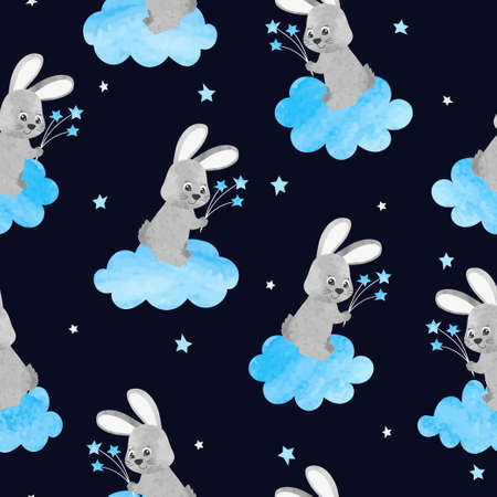 Seamless childish night pattern with cute watercolor bunny on the cloud.のイラスト素材