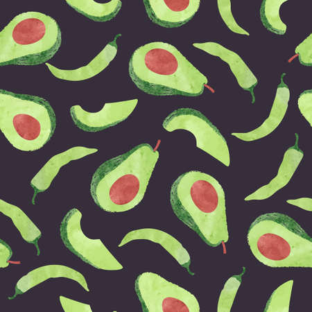 Seamless watercolor pepper and avocado pattern. Vector background.