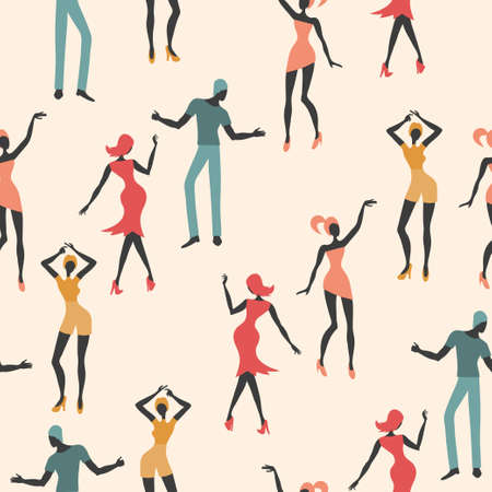 Seamless dance pattern. Colorful vector background with dancing people.のイラスト素材