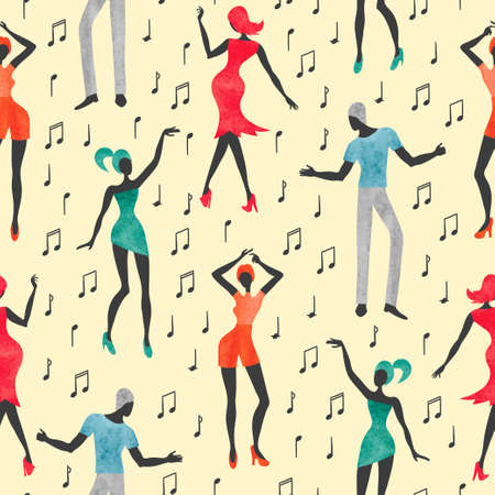 Seamless dance pattern. Vector background with watercolor dancing people.のイラスト素材