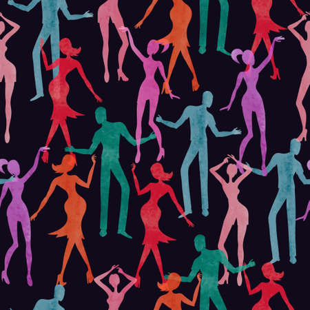 Seamless dance pattern. Vector colorful background with watercolor dancing people.のイラスト素材