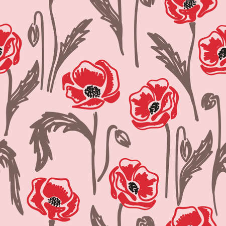 Seamless vector doodle poppies pattern.のイラスト素材