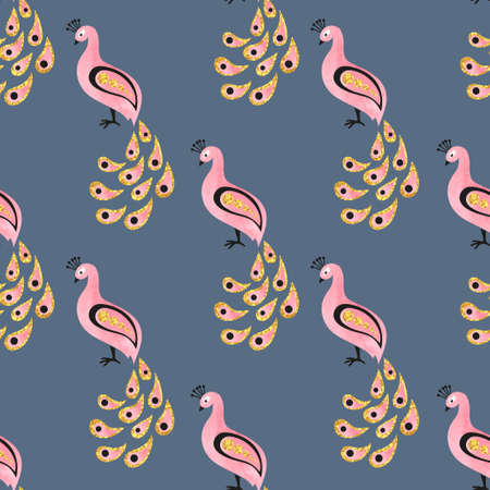 Seamless watercolor peacock bird pattern.のイラスト素材