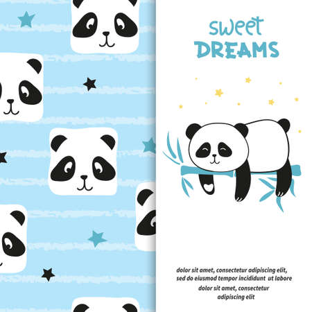 Cute sleeping panda bear. Sweet dreams vector set.のイラスト素材