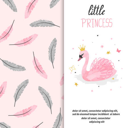 Birthday card design for little girl. Vector illustration of cute princess swan.のイラスト素材