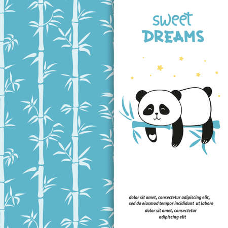 Cute sleeping panda bear. Sweet dreams vector set with bamboo pattern.のイラスト素材