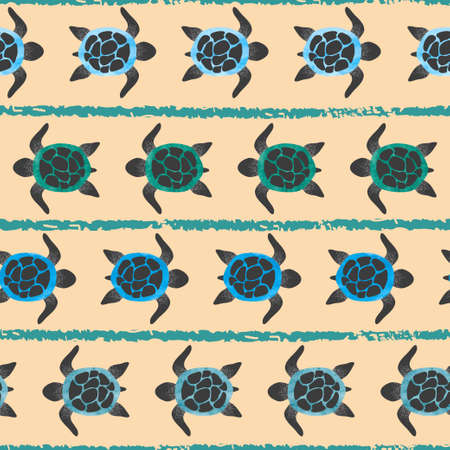 Seamless striped pattern with watercolor turtles.のイラスト素材