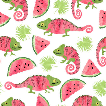 Seamless tropical pattern with cute watercolor chameleons, watermelons and palm leavesのイラスト素材