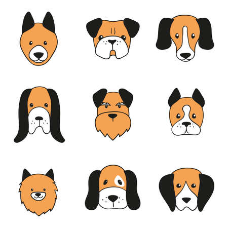 Doodle dog head icons. Vector set of cartoon dogs faces.のイラスト素材