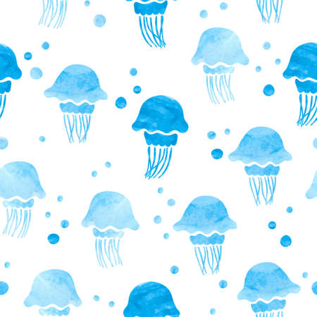 Seamless blue watercolor jellyfish pattern. Vector sea illustration.のイラスト素材