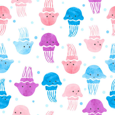 Seamless cute jellyfish pattern. Watercolor colorful baby print.のイラスト素材