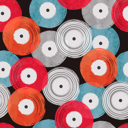 Seamless watercolor vinyl records pattern, Abstract retro musical background.のイラスト素材