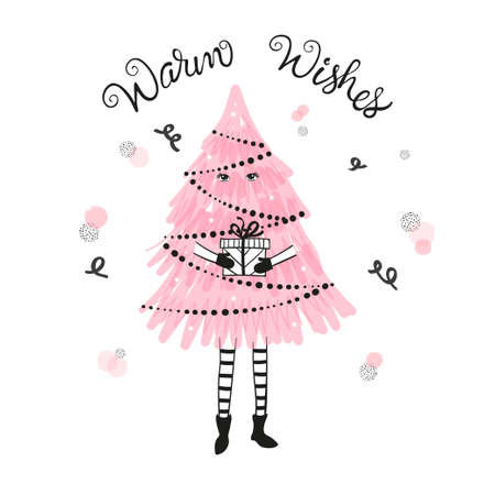 Cute Christmas tree as a girl with gift. Merry Christmas vector card design.のイラスト素材