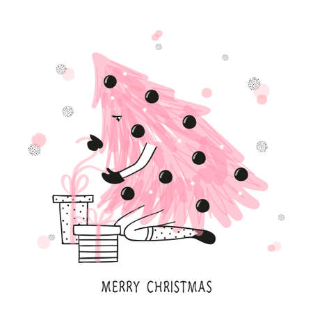 Cute Christmas tree as a girl with gifts. Merry Christmas vector card design.のイラスト素材