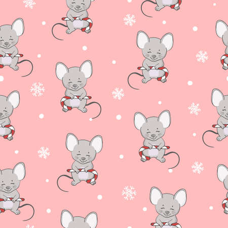 Seamless Christmas pattern with cute cartoon mouse. Wrapping paperのイラスト素材