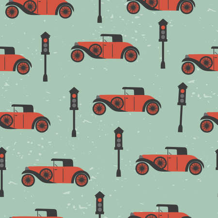 Seamless pattern with retro cars and traffic lights.のイラスト素材
