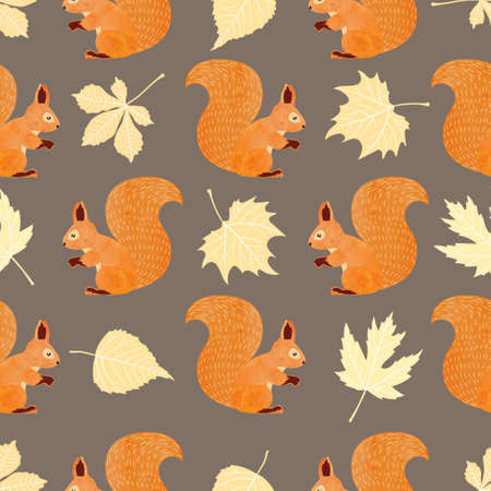 Seamless vector pattern with squirrels and autumn leaves.のイラスト素材