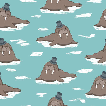Seamless vector pattern with cute cartoon walrus for kids.のイラスト素材