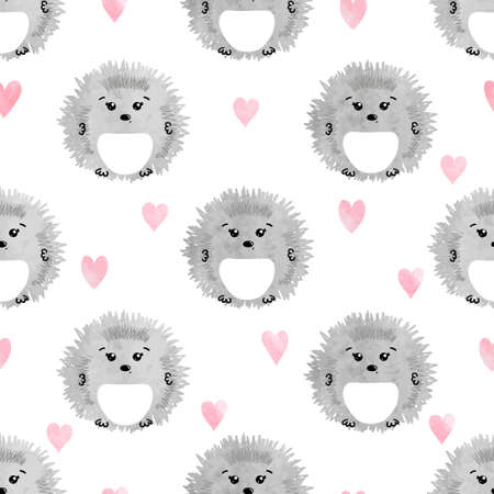 Seamless pattern with cute watercolor hedgehogs and hearts.のイラスト素材