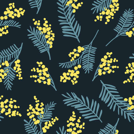 Botanical seamless pattern with  mimosa flowers and leaves. Vector floral background.のイラスト素材