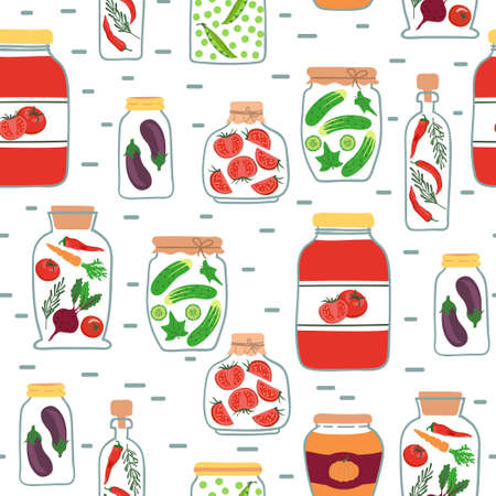 Seamless pattern with pickled vegetables. Preserved vegetables vector background.のイラスト素材