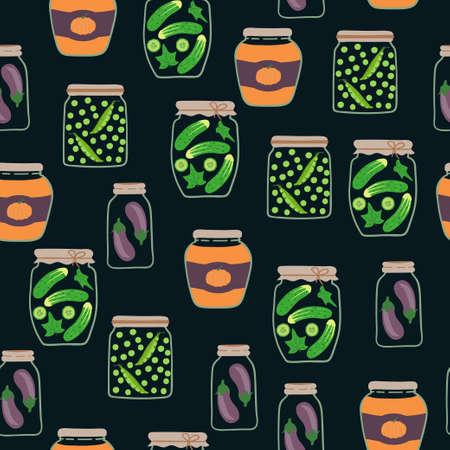 Seamless pickled vegetables pattern. Preserved vegetables vector backgroundのイラスト素材
