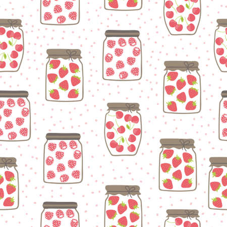 Seamless jam jars pattern with strawberry, raspberry and cherry. Homemade food illustration.のイラスト素材