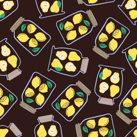 Seamless pattern with preserved fruits. Vector jam jars background.のイラスト素材