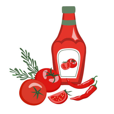 Ketchup set. Vector ketchup bottle, tomatoes and chili pepper.のイラスト素材