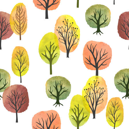 Seamless watercolor autumn trees pattern. Vector abstract autumn forest.
