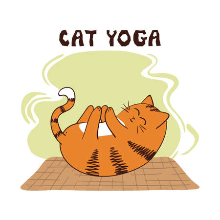 Cartoon funny yoga cat vector illustration. Yoga for kids.のイラスト素材