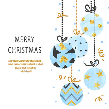Merry Christmas card with blue watercolor balls. Vector illustration.のイラスト素材