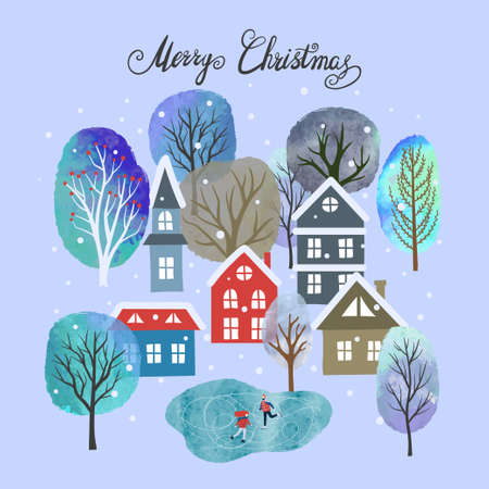 Christmas card with watercolor trees and houses. Vector winter landscape with small townのイラスト素材