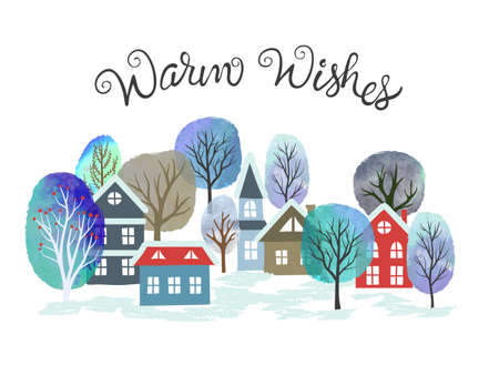 Christmas card with watercolor trees and houses. Vector city winter landscapeのイラスト素材