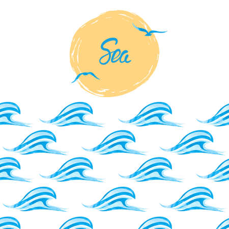 Watercolor sea background. Abstract blue painting waves isolated on white. Hand drawn vector illustration of oceanのイラスト素材