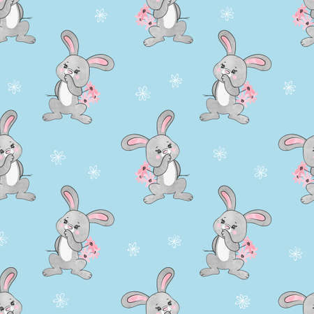 Seamless pattern with cute bunny and flowers. Baby print with cartoon rabbits.のイラスト素材
