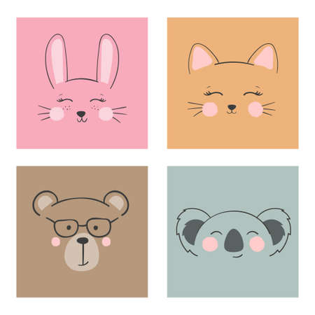 Set of funny animal faces. Cute vector illustration of animal portraitsのイラスト素材
