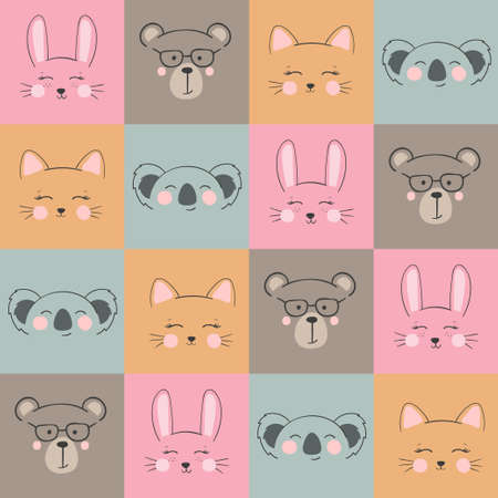 Seamless pattern with funny animal faces. Cute animal portrait set.のイラスト素材