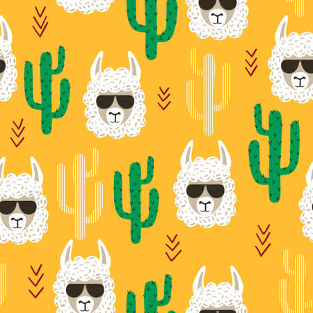 Seamless cartoon llama and cactus pattern. Print for kids in bright colors.のイラスト素材