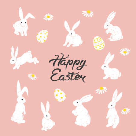 Easter bunny set. Hand drawn rabbits vector illustration.のイラスト素材