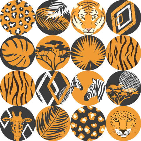 Seamless polka dot african pattern. Vector trendy background with animal print, palm leaves.のイラスト素材