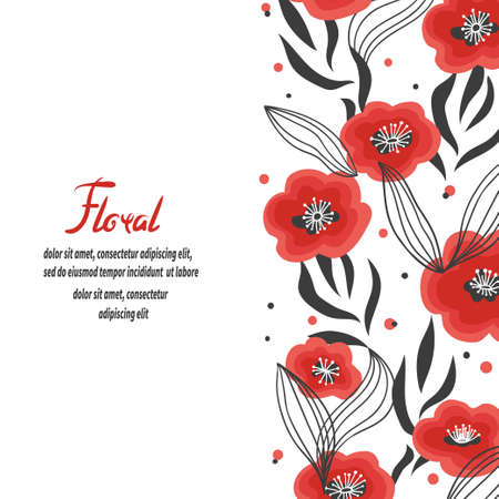 Red floral background with hand drawn poppies. Vector flower borderのイラスト素材