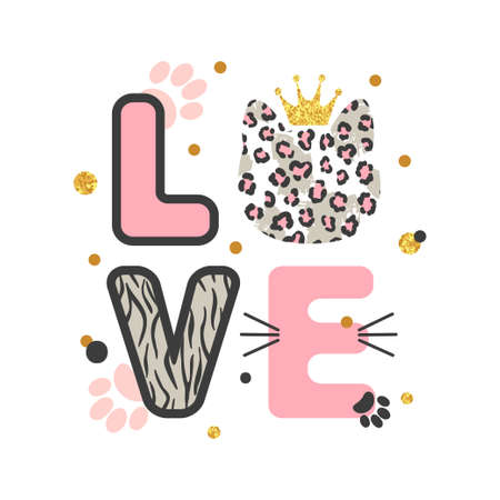 Love card with cute leopard cat  for kids. Vector illustrationのイラスト素材