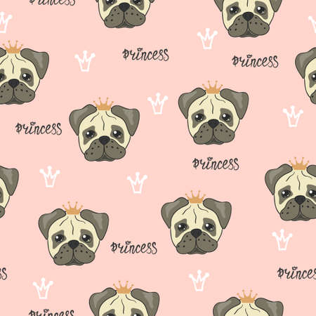 Seamless pink princess pattern with cute pugs.のイラスト素材
