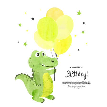 Birthday card design. Cute watercolor crocodile with balloons.のイラスト素材