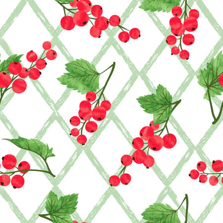 Seamless watercolor red currant pattern. Vector illustration of red ripe berries.のイラスト素材