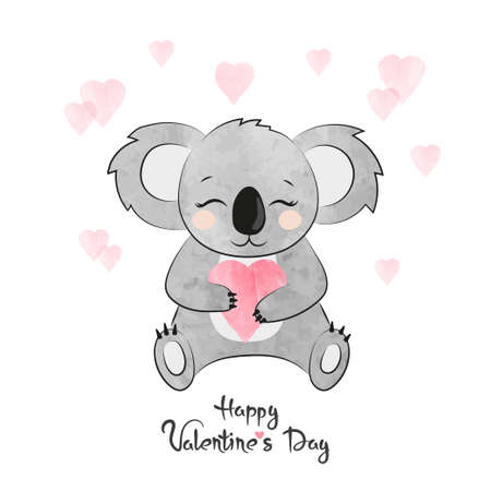 Valentines day card with cute watercolor koala bear in love with heartのイラスト素材