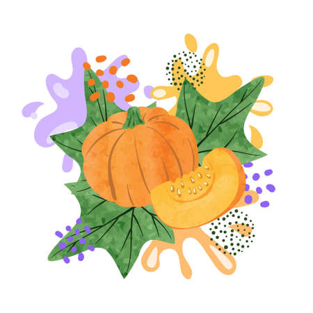 Pumpkin juice vector illustration. Abstract watercolor juicy vegetable splashのイラスト素材